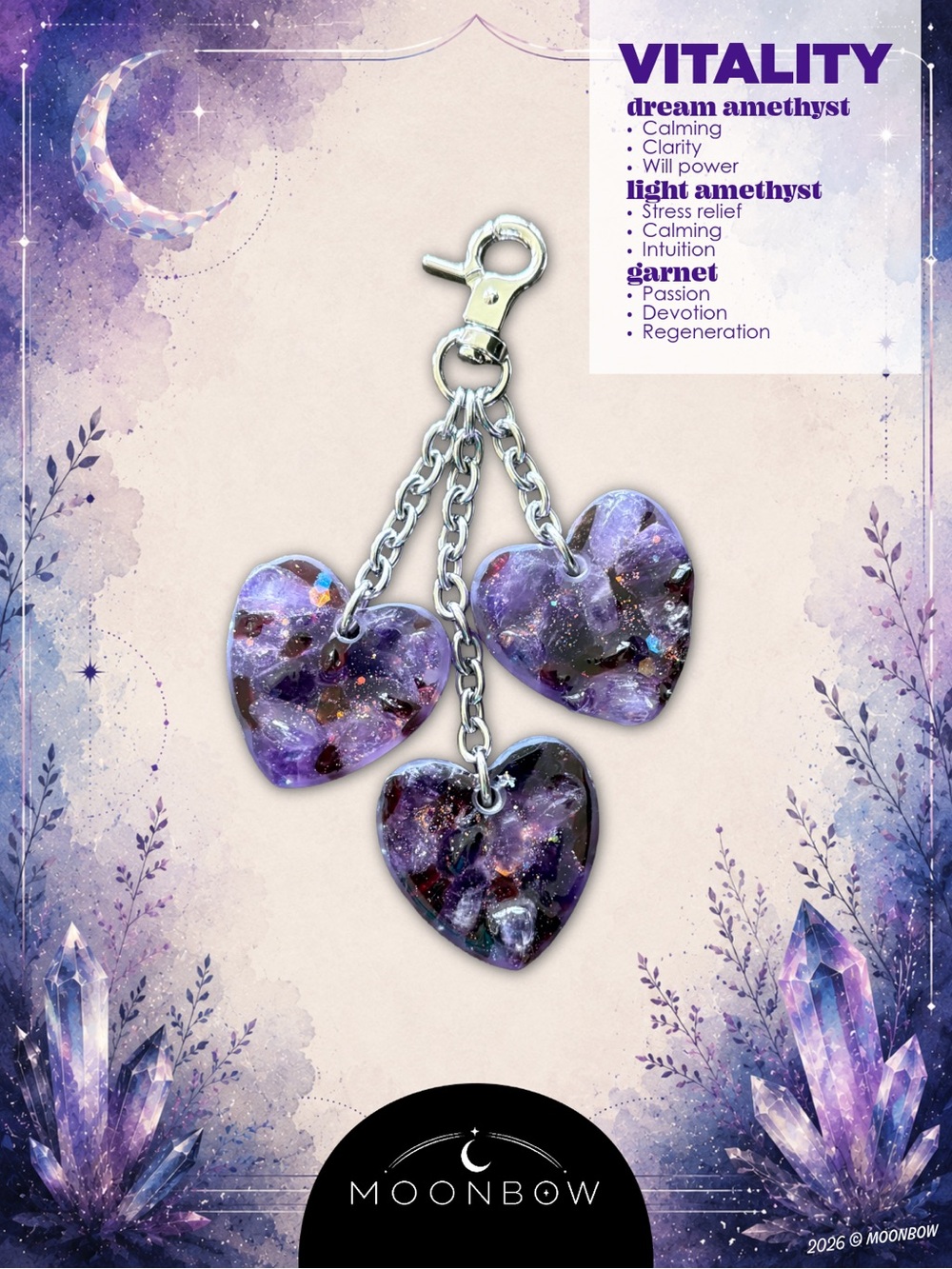 Moonbow Handmade Charm ft. Dream Amethyst, Light Amethyst + Garnet - Picture 1 of 8